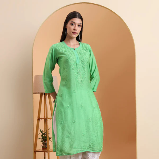 hand-embroidered-chanderi-lucknowi-green-chikankari-kurta