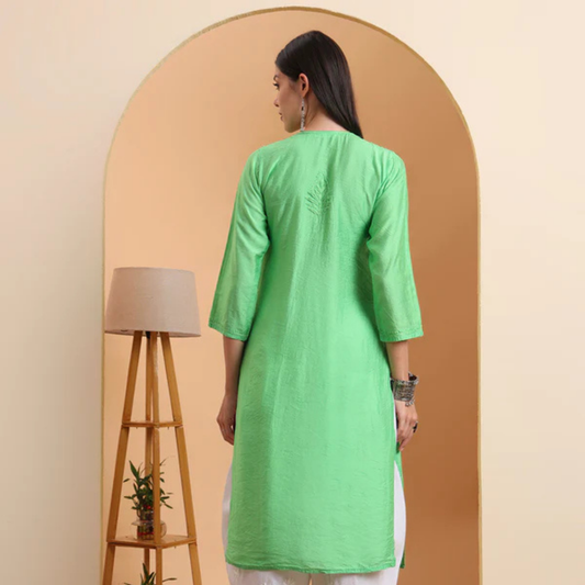 hand-embroidered-chanderi-lucknowi-green-chikankari-kurta