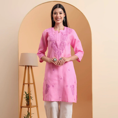 hand-embroidered-khadi-cotton-lucknowi-chikankari-kurta-pink