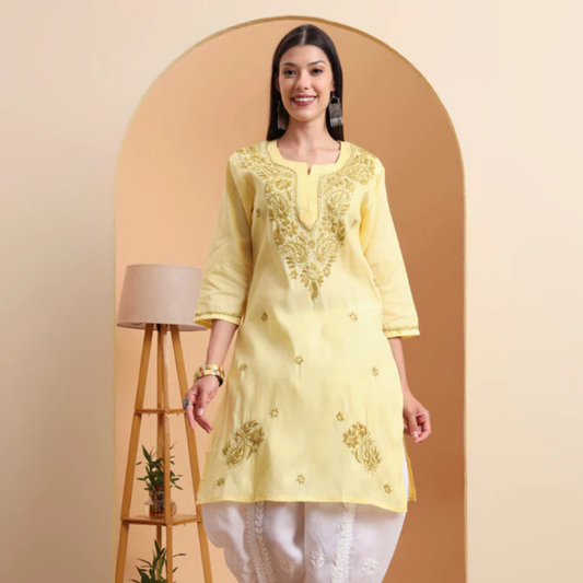 hand-embroidered-khadi-cotton-lucknowi-chikankari-kurta-yellow