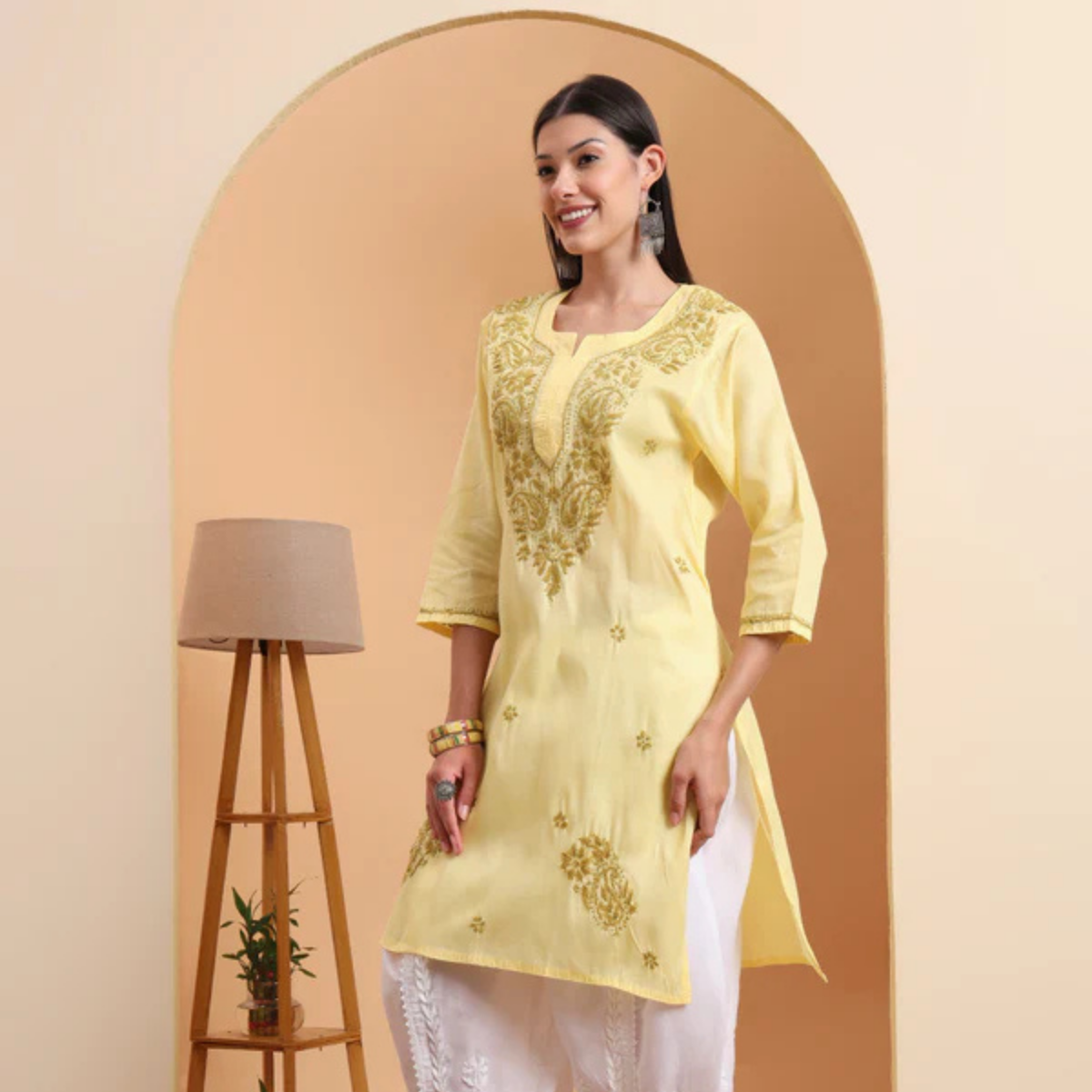 hand-embroidered-khadi-cotton-lucknowi-chikankari-kurta-yellow