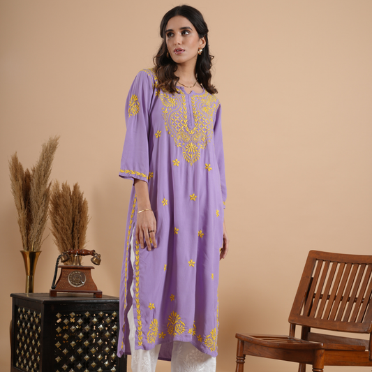 Lavender rayon chikankari kurta for women