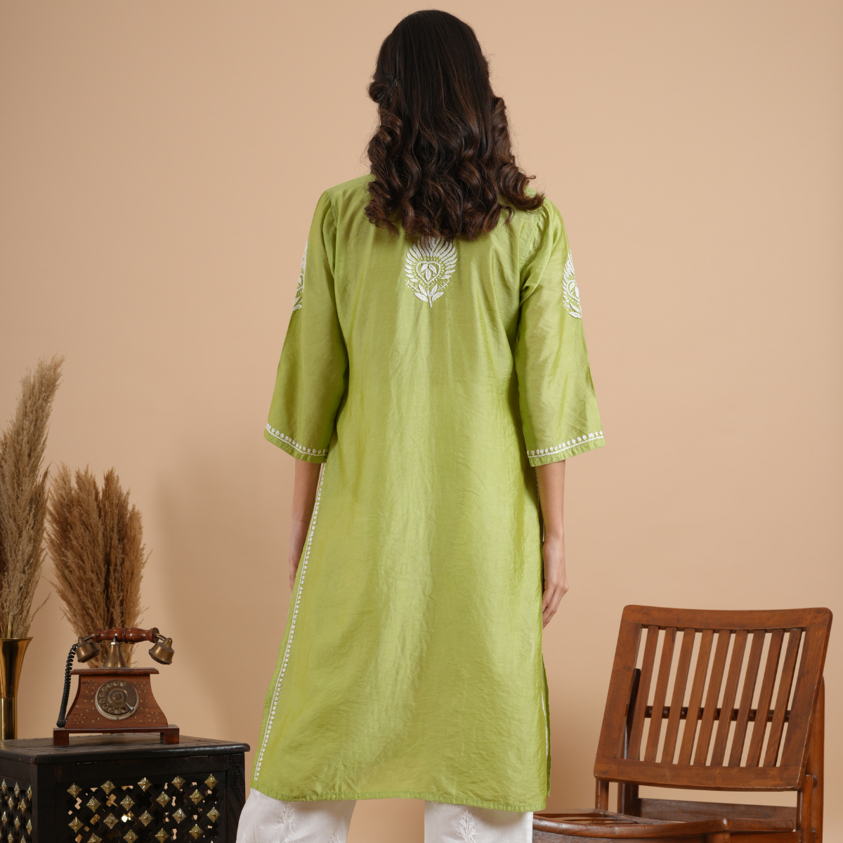 Lime Green Chikankari Chanderi Kurta