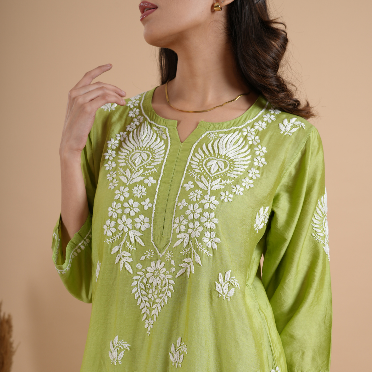 Lime Green Chikankari Chanderi Kurta