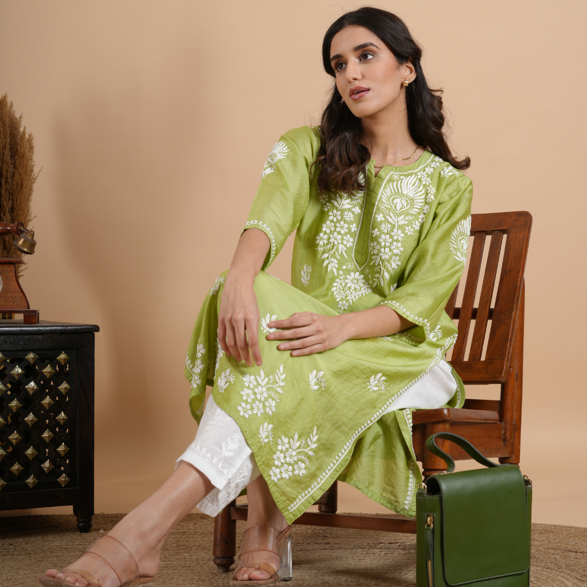 Lime Green Chikankari Chanderi Kurta