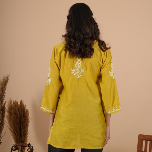 Lime Yellow Chanderi Chikankari Short Kurti