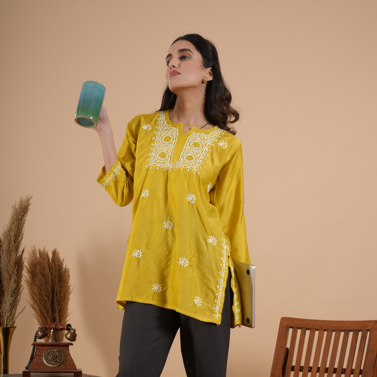 Lime Yellow Chanderi Chikankari Short Kurti