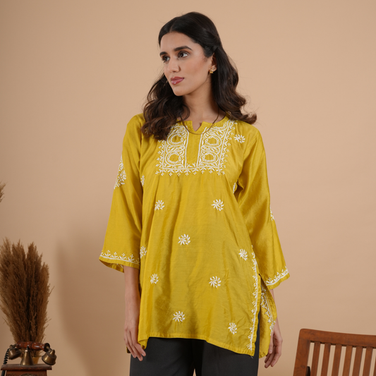 Lime yellow chanderi chikankari short kurti