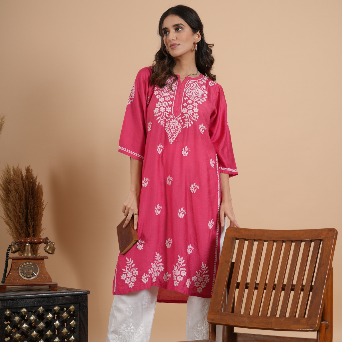 Magenta Pink Chikankari Chanderi Kurta
