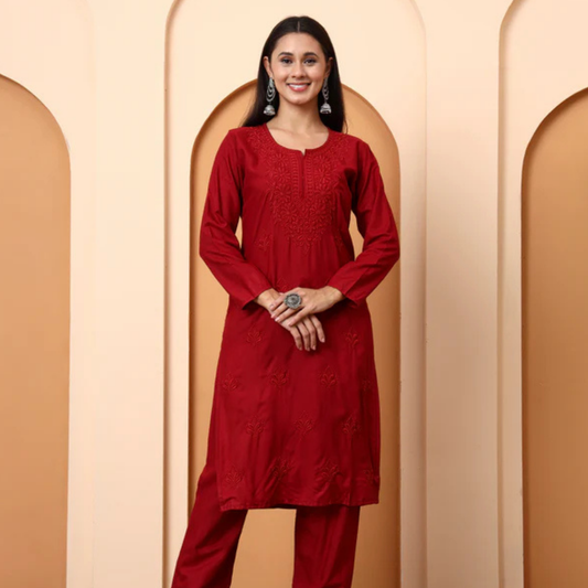maroon-chikankari-rayon-kurta-set-embroidered-pants