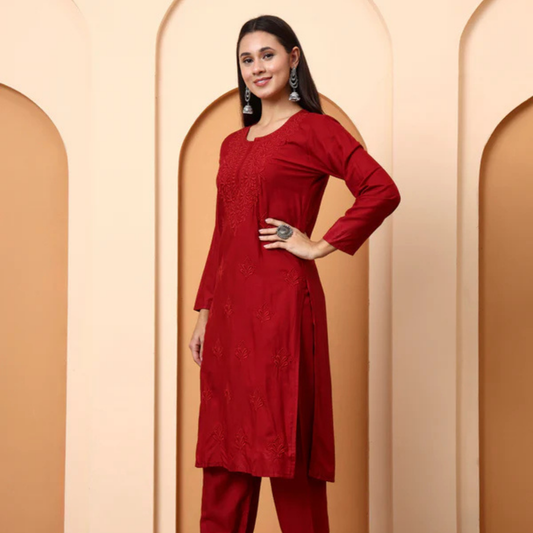 Maroon Chikankari Rayon Kurta with Embroidered Pants