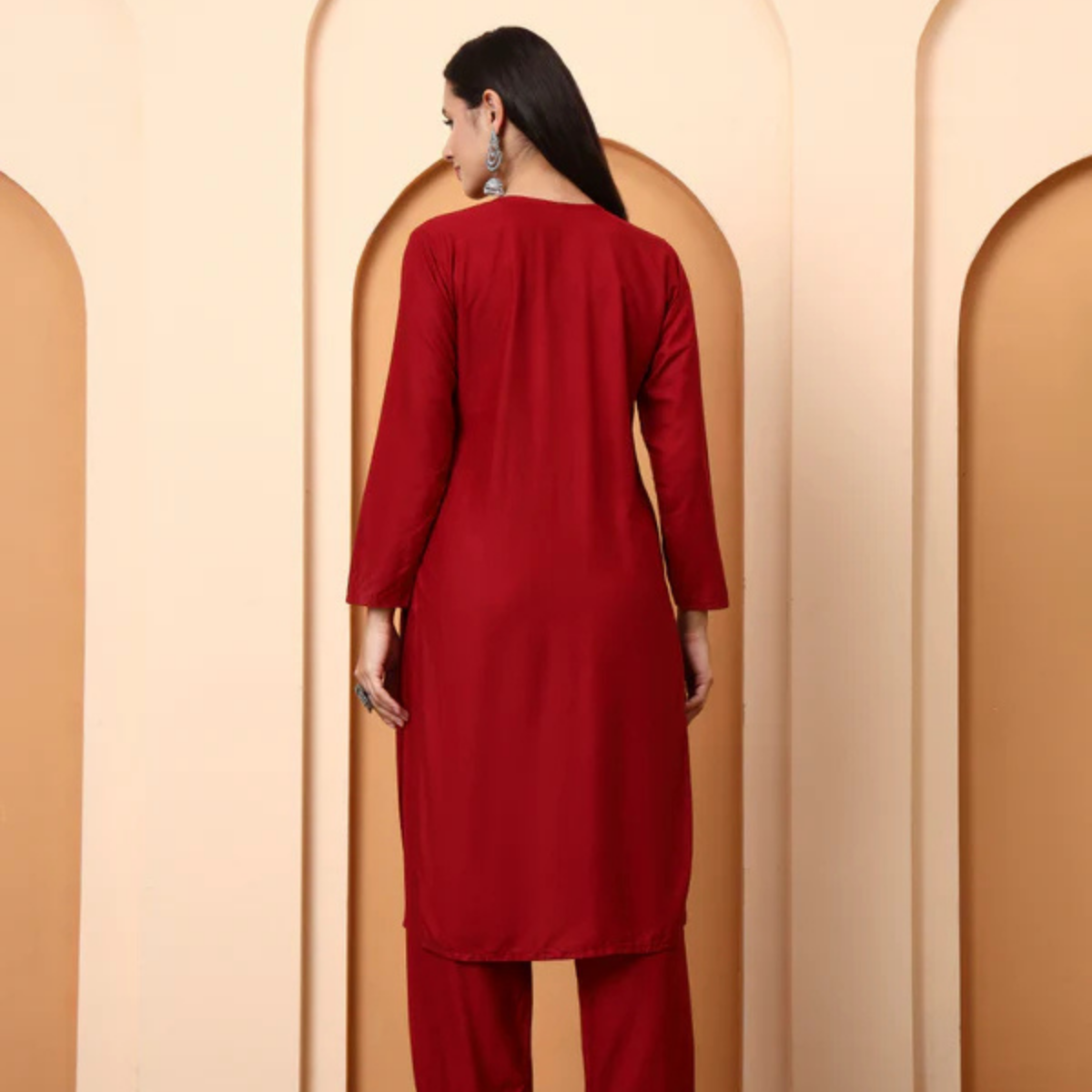 Maroon Chikankari Rayon Kurta with Embroidered Pants