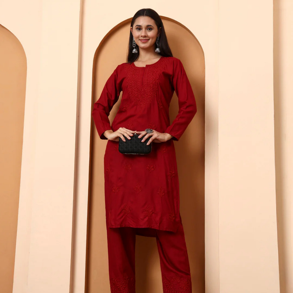 Maroon Chikankari Rayon Kurta with Embroidered Pants