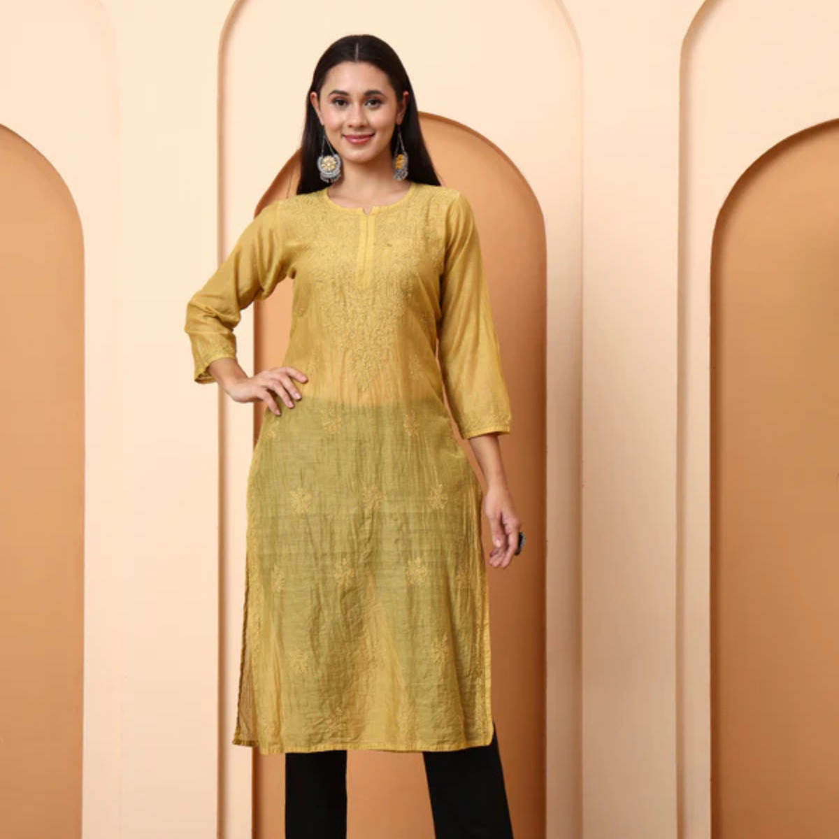 mustard-yellow-chanderi-chikankari-kurti