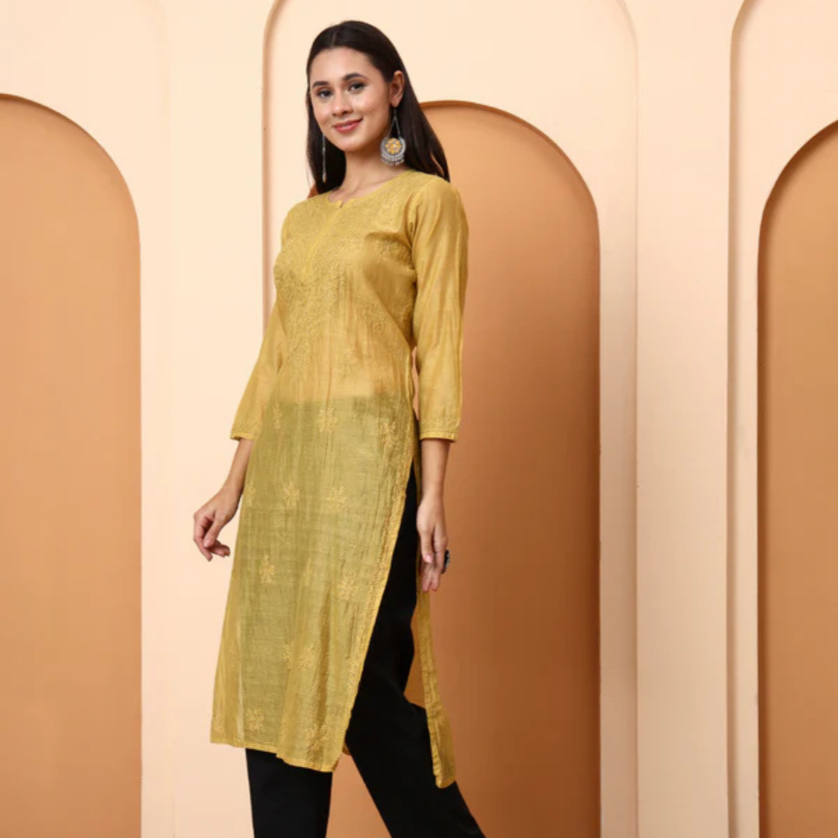 Mustard Yellow Chanderi Chikankari Kurti