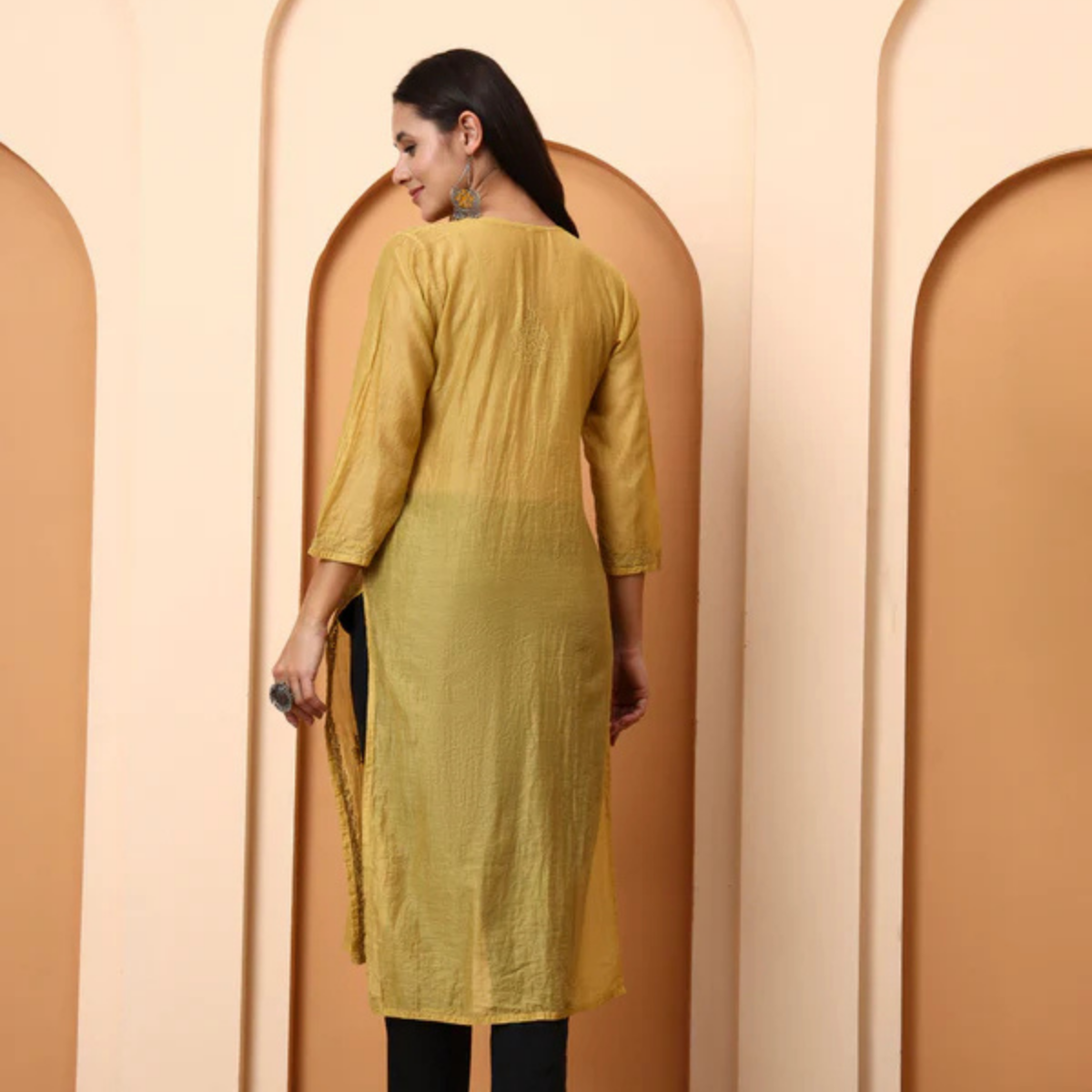 Mustard Yellow Chanderi Chikankari Kurti