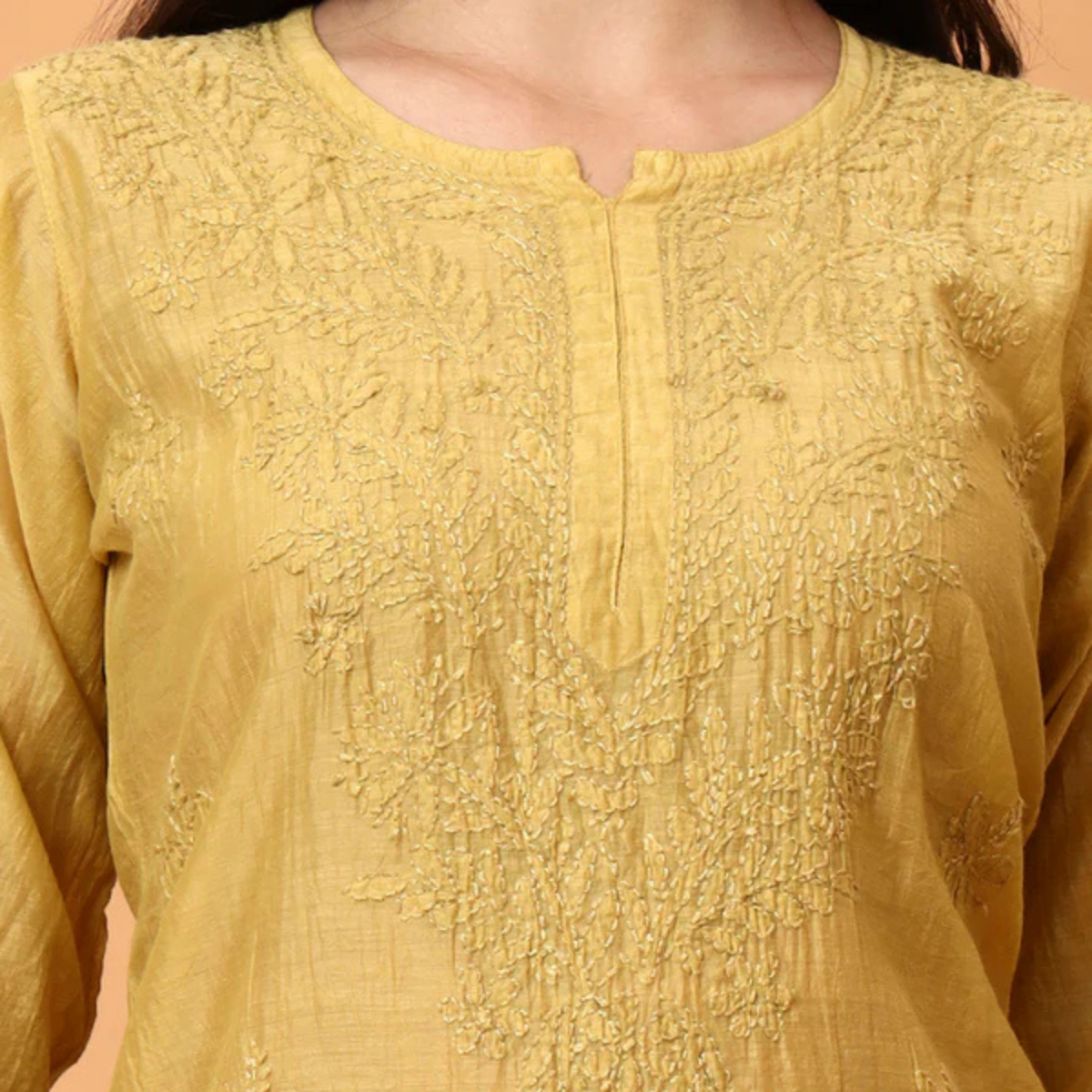 Mustard Yellow Chanderi Chikankari Kurti