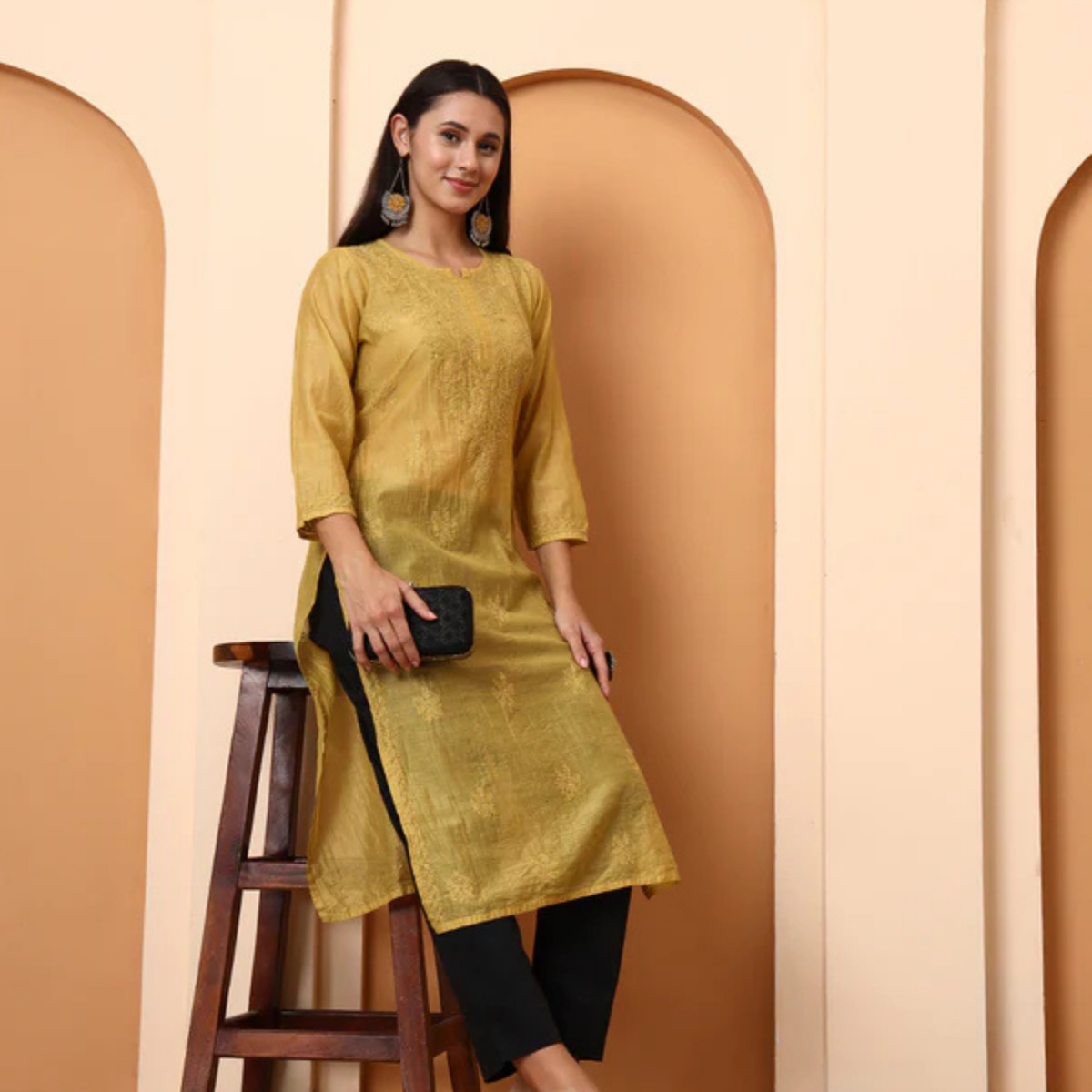 Mustard Yellow Chanderi Chikankari Kurti