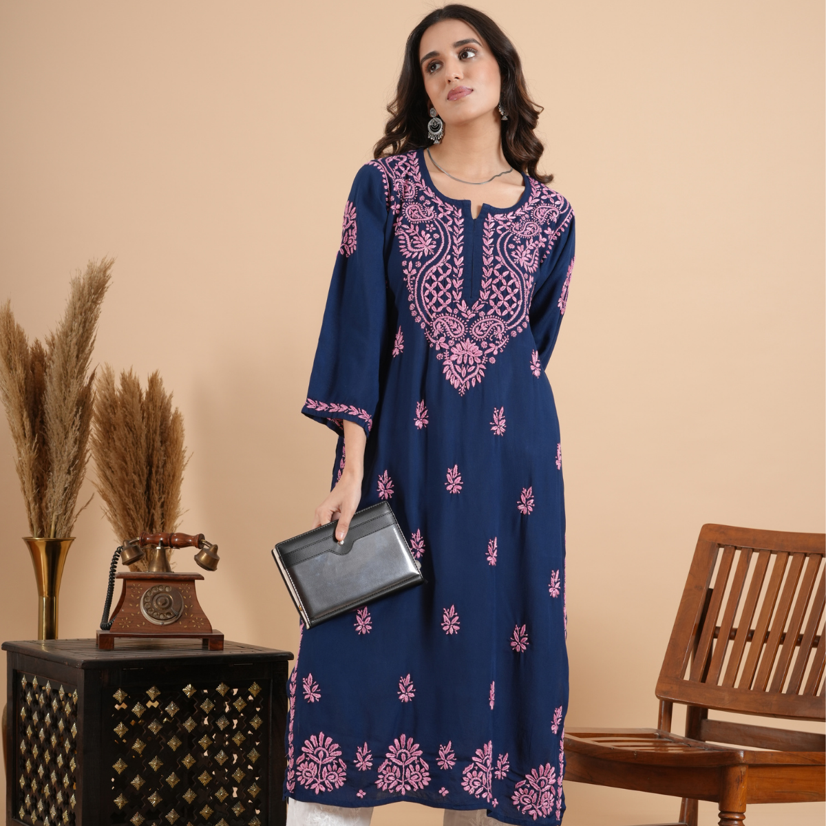 Navy Blue Rayon Chikankari Kurta