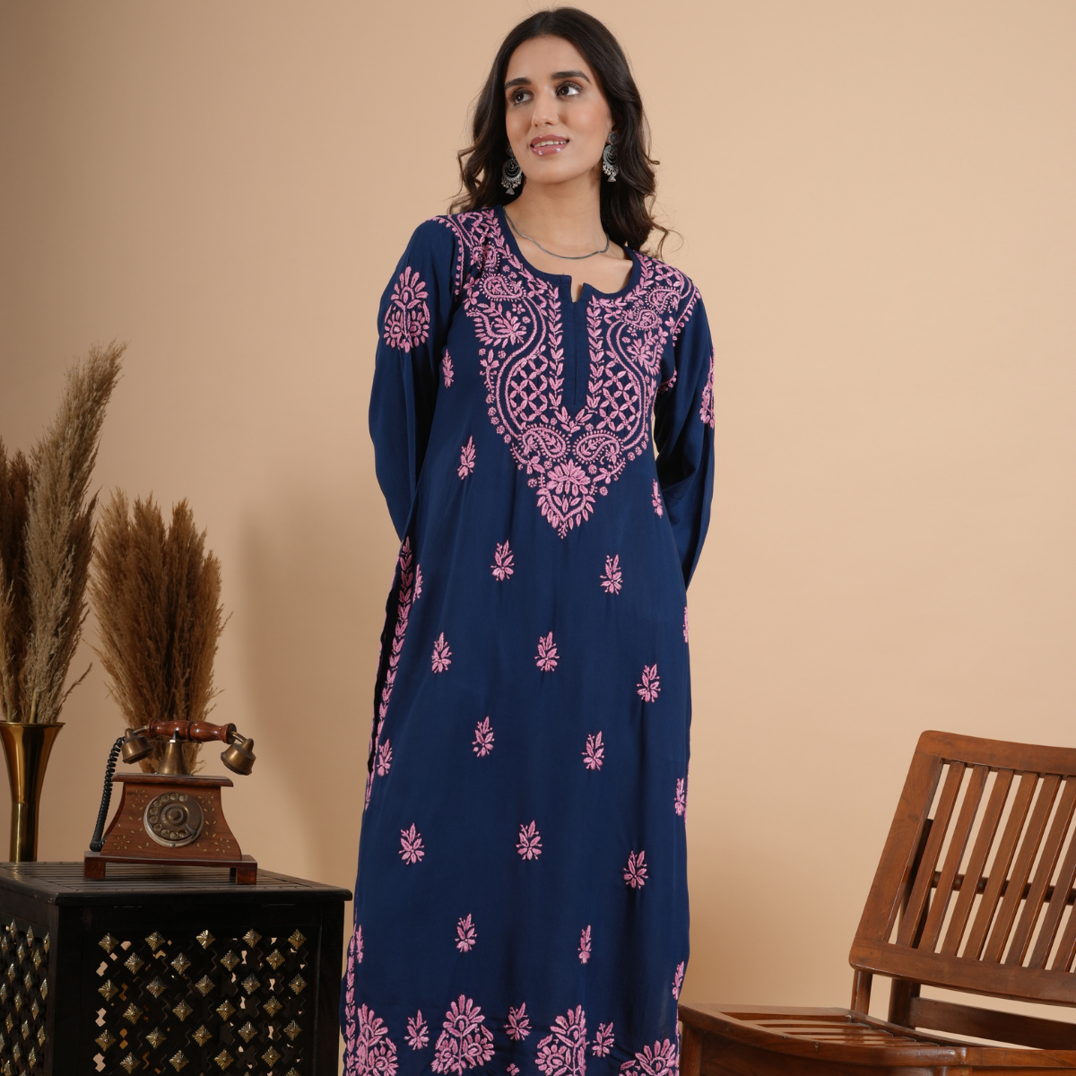 Navy blue rayon chikankari kurta for women