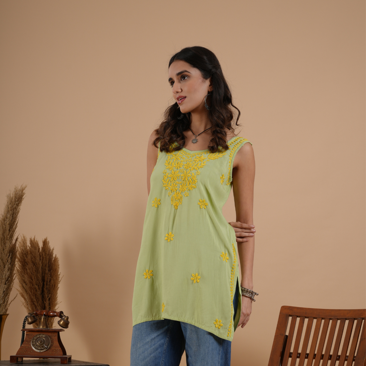 Parrot Green Rayon Chikankari Sleeveless Short Kurti