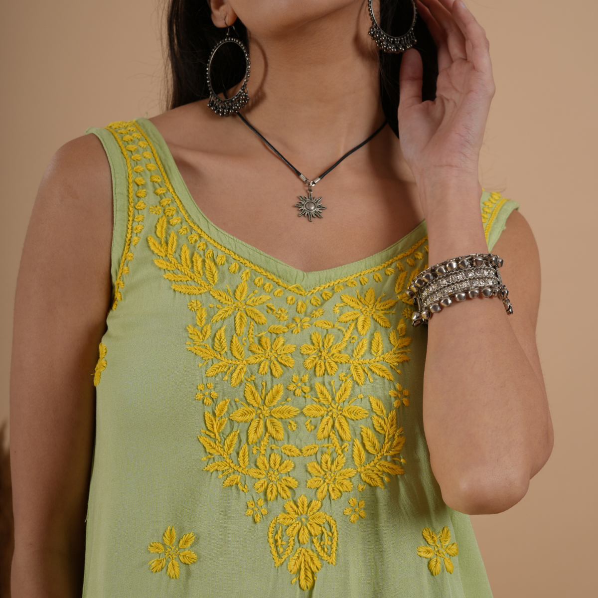 Parrot Green Rayon Chikankari Sleeveless Short Kurti