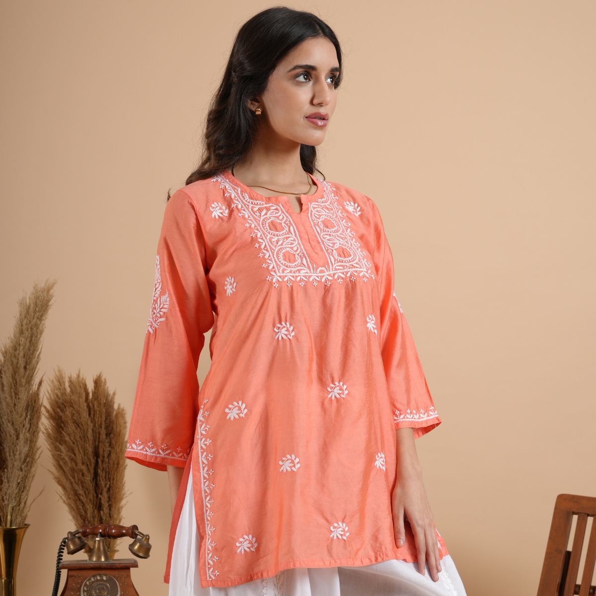 Peach Chikankari Short Kurti