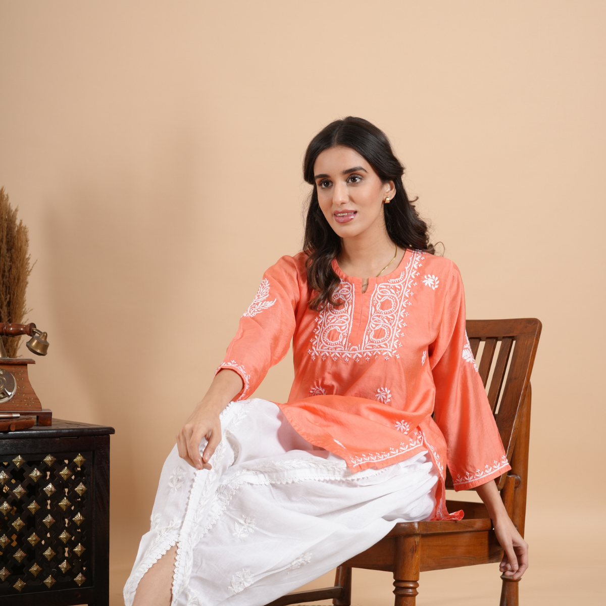 Peach Chikankari Short Kurti