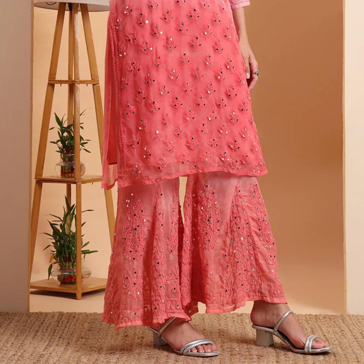 Peach Georgette Chikankari Kurta with Sharara and Dupatta
