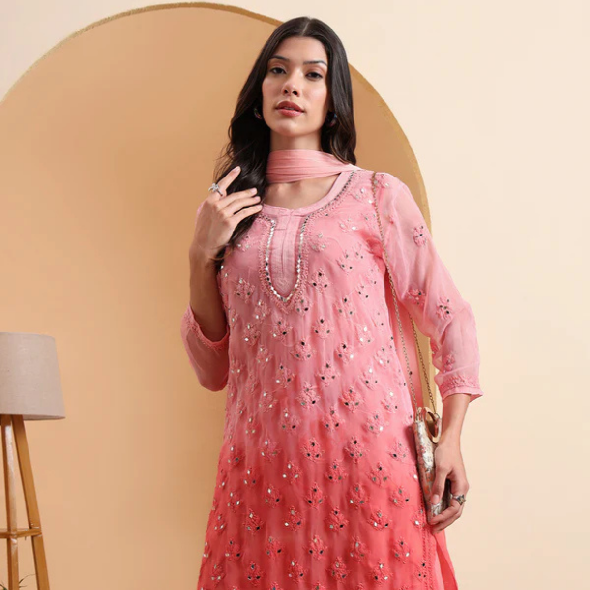 Peach Georgette Chikankari Kurta with Sharara and Dupatta