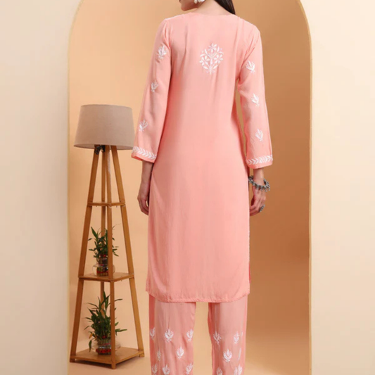 Peach Lucknowi Chikankari Rayon Kurta Set