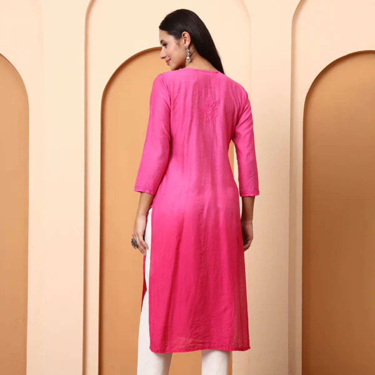 Pink Chanderi 3/4 Sleeves Chikankari Kurti