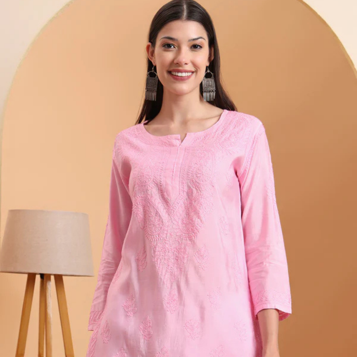 Pink Chanderi Embroidered Short Kurti
