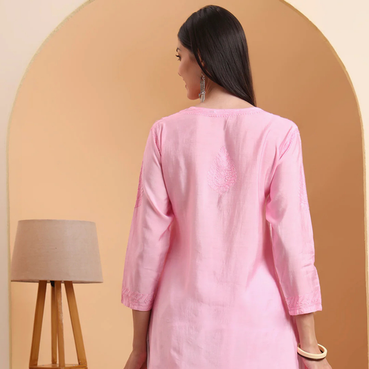 Pink Chanderi Embroidered Short Kurti