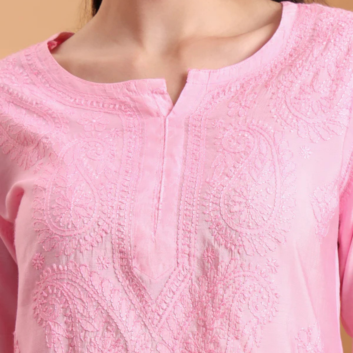 Pink Chanderi Embroidered Short Kurti