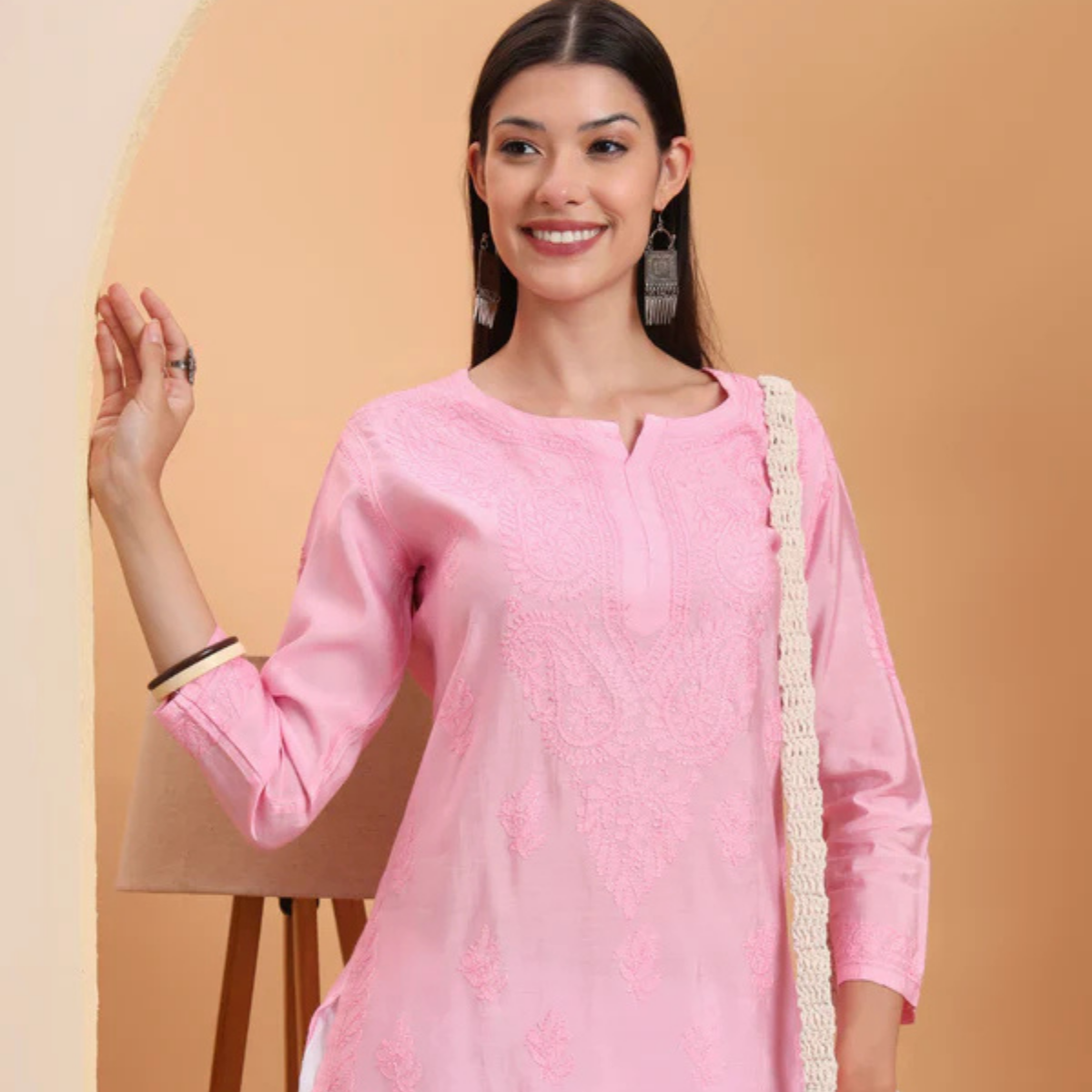 Pink Chanderi Embroidered Short Kurti