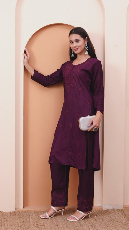 Elenora Women Wine Chikankari Rayon Kurta Set with Embroidered Pants