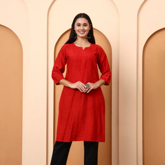 red-chanderi-chikankari-kurti