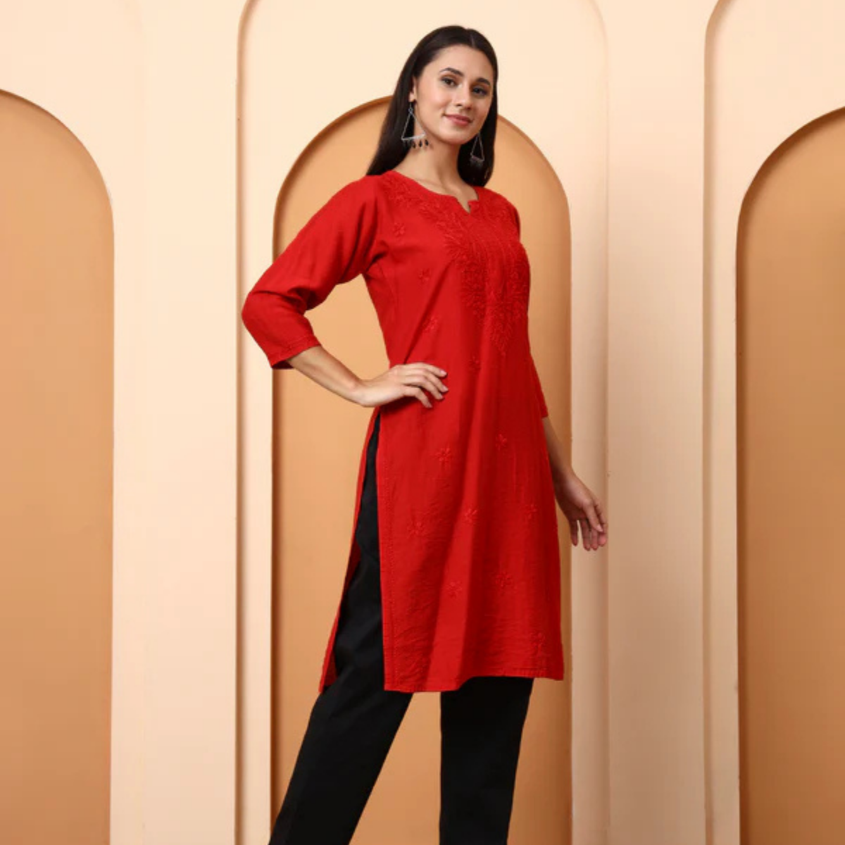 Red Chanderi Chikankari Kurti