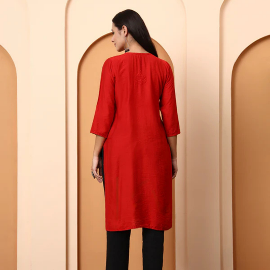 Red Chanderi Chikankari Kurti