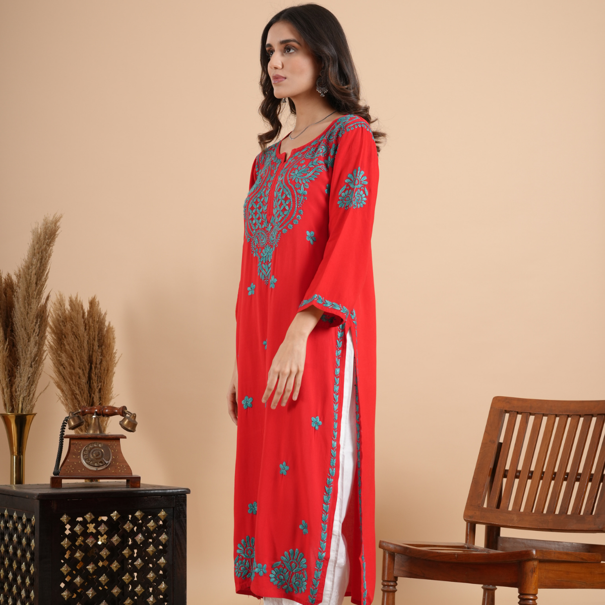Red Rayon Chikankari Kurta