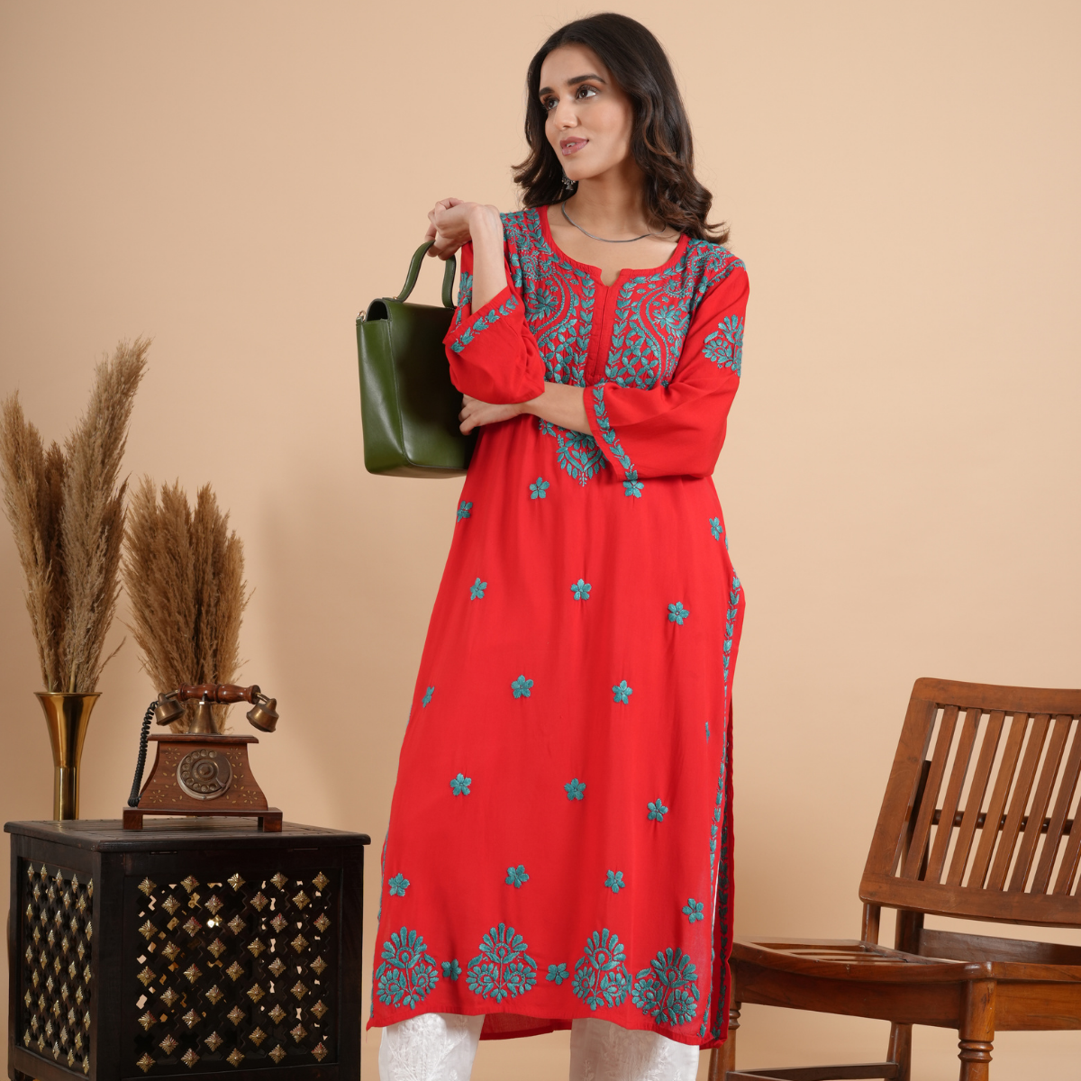 Red Rayon Chikankari Kurta