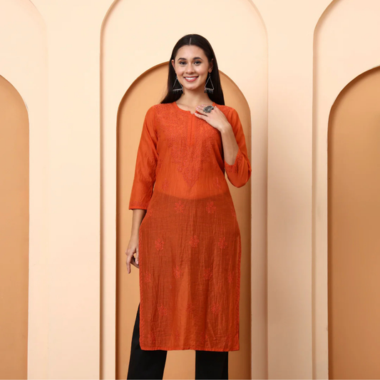 rust-orange-chanderi-chikankari-kurti