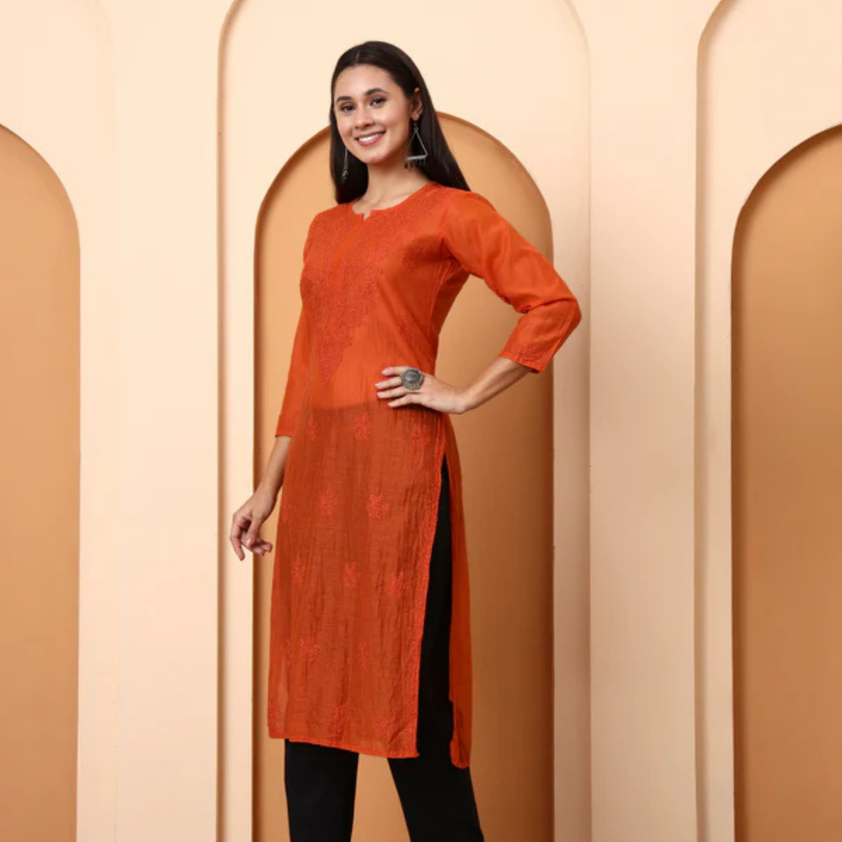 Rust Orange Chanderi Chikankari Kurti