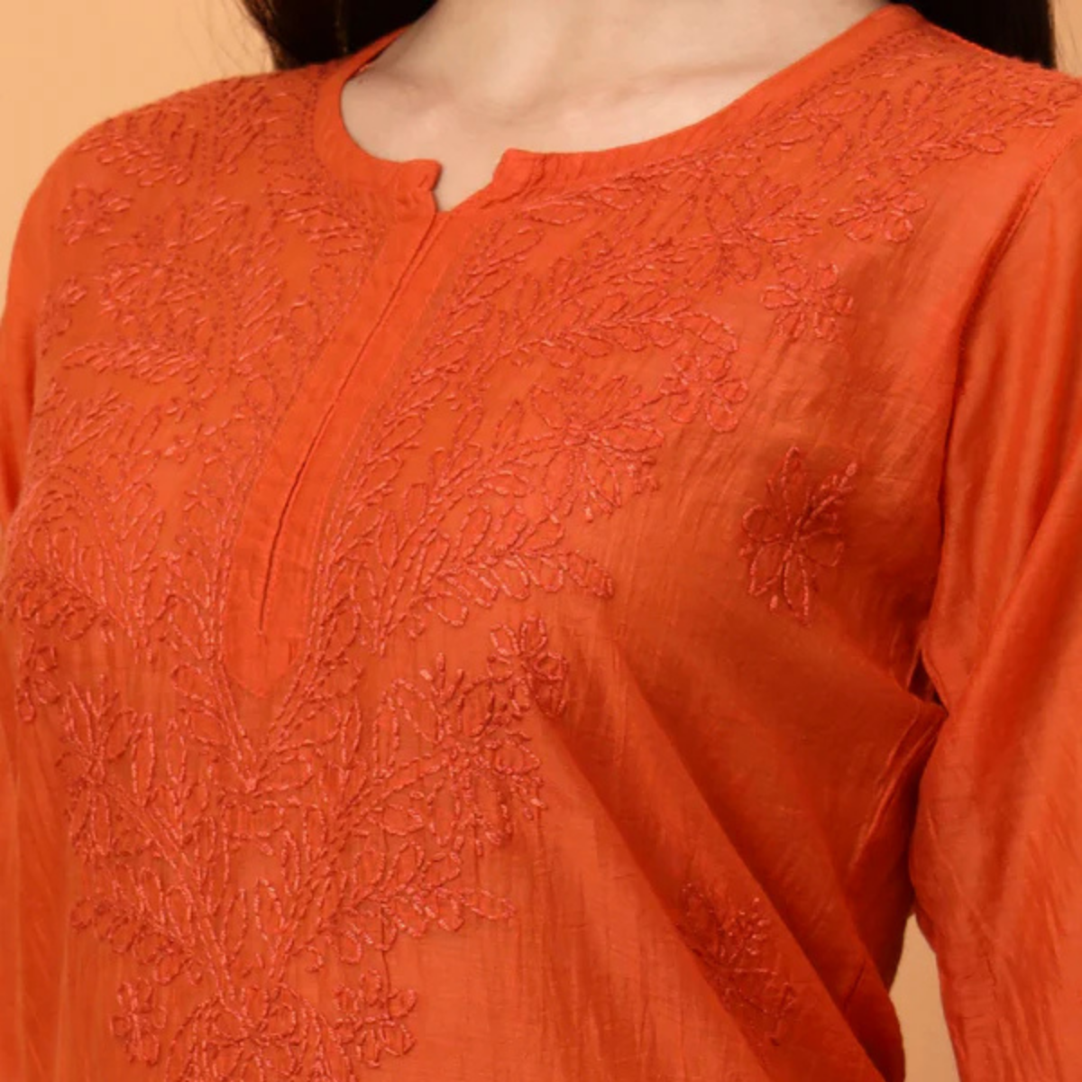Rust Orange Chanderi Chikankari Kurti
