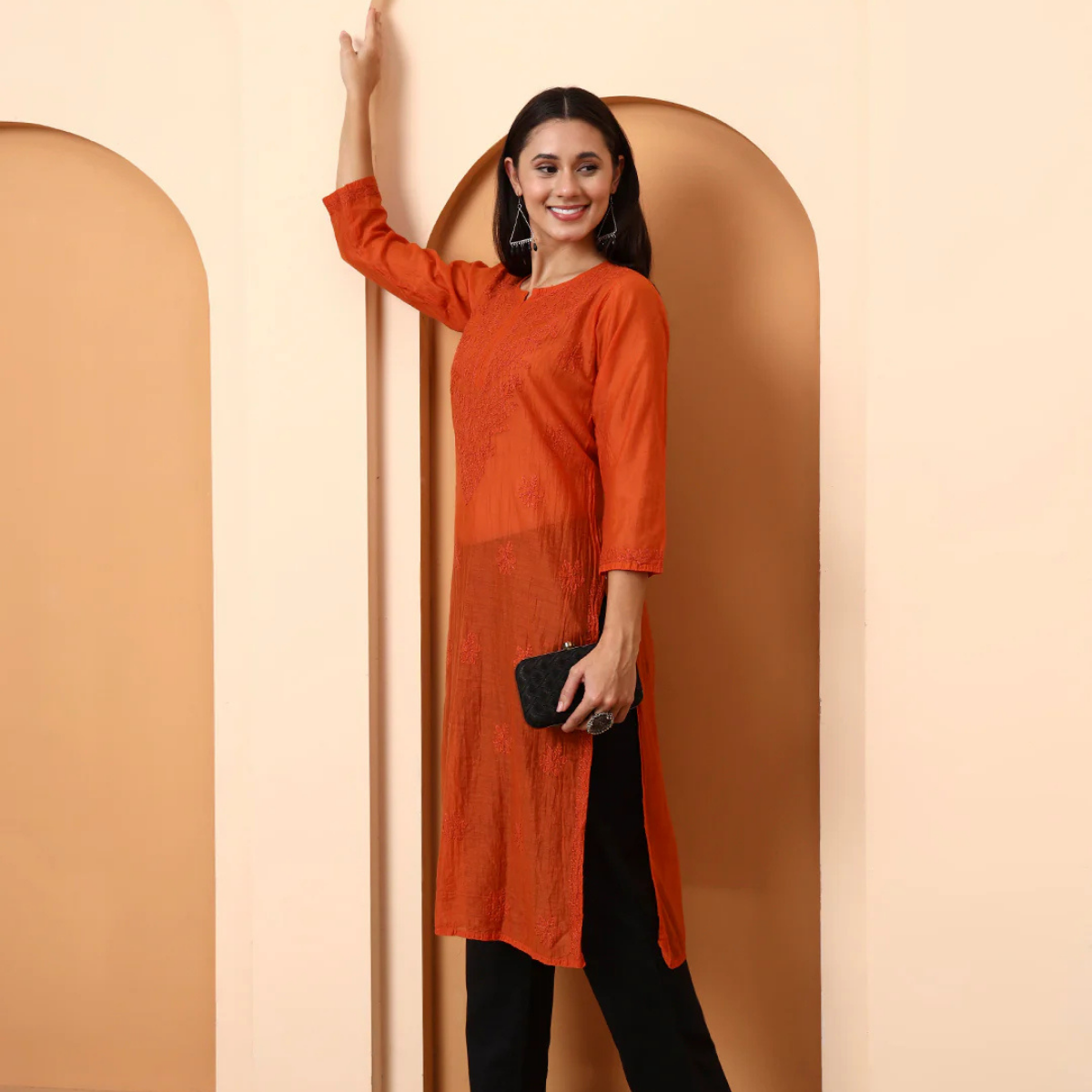 Rust Orange Chanderi Chikankari Kurti