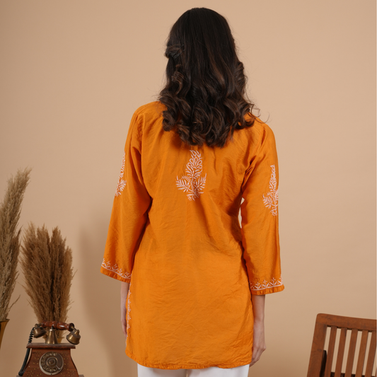 Rust Orange Chanderi Chikankari Short Kurti