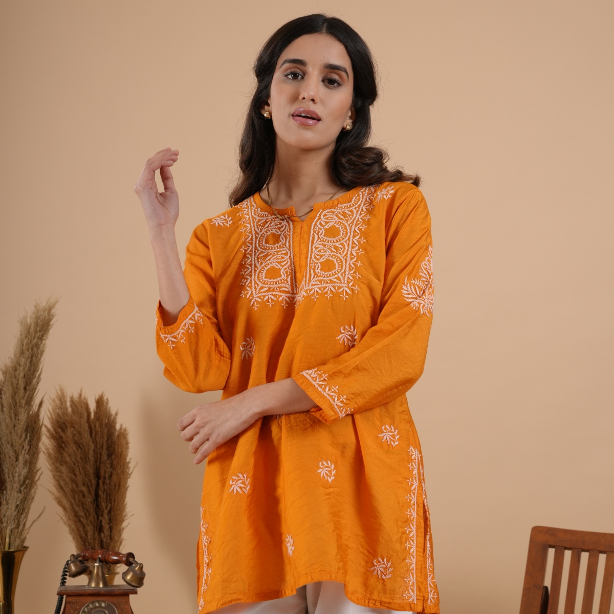 Rust Orange Chanderi Chikankari Short Kurti
