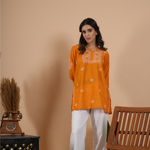 Rust orange chanderi chikankari short kurti
