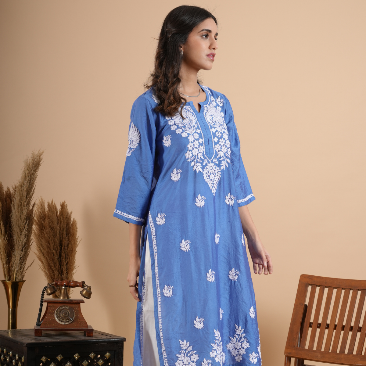 Sky Blue Chikankari Chanderi Kurta